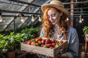 Agricultural industry. A stylish gardener in a hat is harvesting a rich strawberry crop in a greenhouse. A wooden box with strawberries in the hands of a farmer girl.