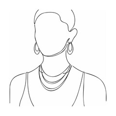Elegant woman portrait one line art minimalist illustration with hoop earrings and necklace