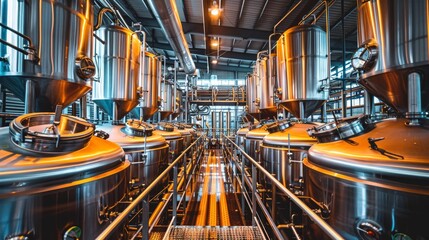 An interior view of a modern brewery featuring gleaming stainless steel tanks, representing the craftsmanship and science behind brewing delicious craft beers.