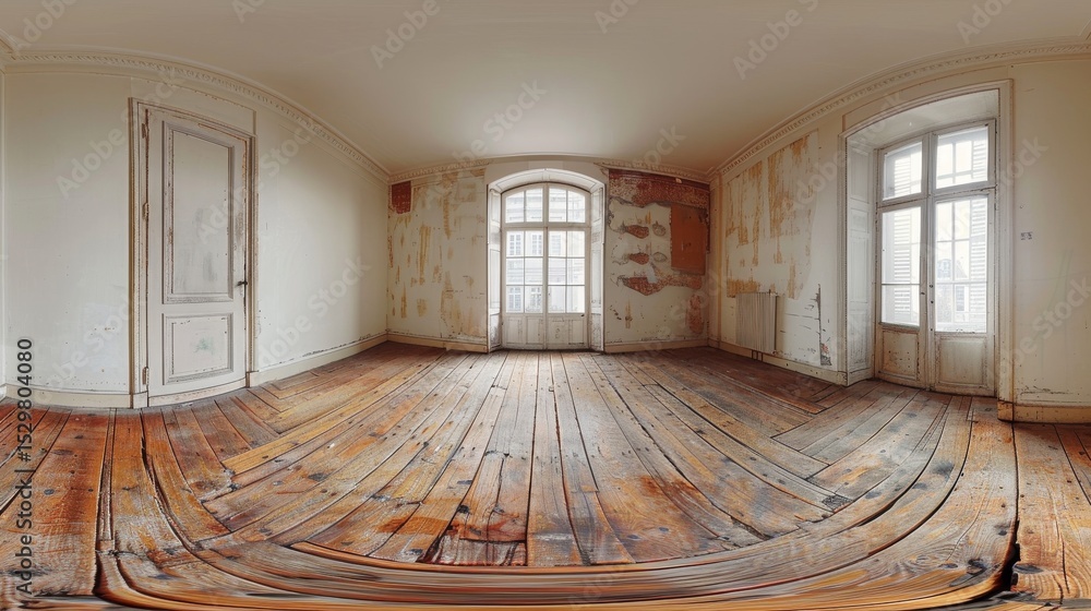 Aufkleber a spacious empty room with worn wooden floors and soft light filtering through the windows creates a
