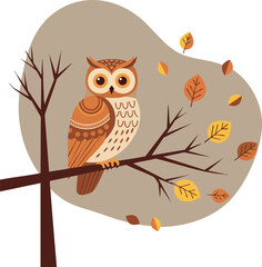 Brown owl perched on tree branch with autumn leaves vector illustration natural scene 
