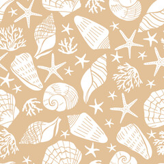 Seashells and starfish vector seamless pattern. Marine life creatures colorful drawings.