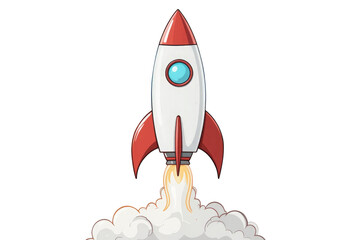 3D Rocket Launching, Business Startup, Growth, and Success Concept. Spaceship taking off with fire and smoke on isolated Transparent background.
