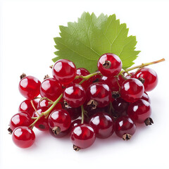"Fresh and Juicy Red Currants Cluster with a Vibrant Green Leaf on a White Background, Showcasing the Natural Beauty and Bright Color of These Delicious Summer Berries"

