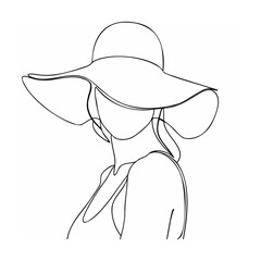 Elegant line art illustration of a woman in a wide brimmed sun hat