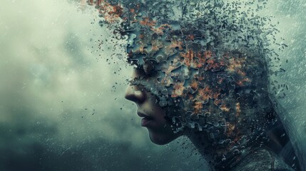 An abstract depiction of a human face dissolving into puzzle pieces communicates themes of identity, fragmentation, and the complexities of the human experience in art.