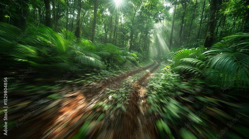 Poster a serene view of a winding forest path, illuminated by sun rays filtering through the lush greenery,