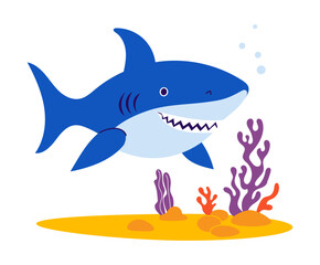 Cute Shark with algae and coral on seabed. Vector illustration