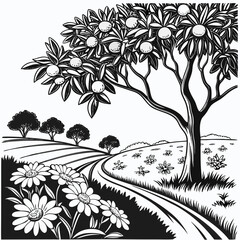 Black and white illustration of a countryside scene with fruit trees and flowers