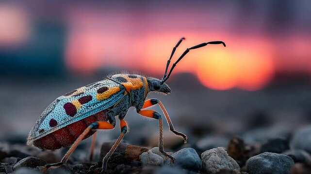 Exotic Jewel Beetle at Sunset: A Macro View of Vibrant Colors and Intricate Details