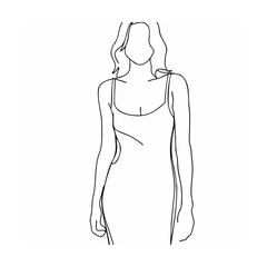 Elegant minimalist line drawing of a woman in a simple dress with flowing hair