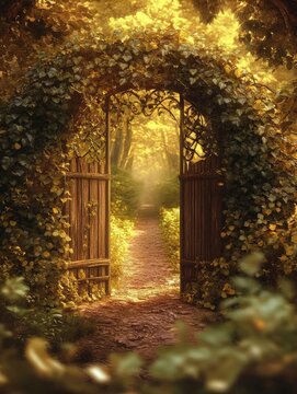 An ancient wooden gate covered in vines, standing at the end of a narrow forest trail, bathed in warm golden light.