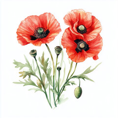 "Delicate Watercolor Painting of Three Red Poppies with Green Stems and Leaves, Capturing the Fragile Beauty and Vibrant Colors of Wildflowers in a Soft Artistic Style"

