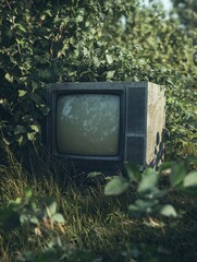 Old computer monitor resting on overgrown grass