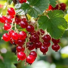 "Close-up Photo of Bright Red Currants Hanging on a Branch with Fresh Green Leaves, Showcasing the Juicy and Vibrant Fruits in Natural Outdoor Lighting"


