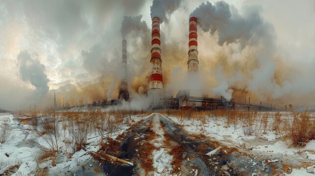 A stark view of a desolate industrial area, featuring tall smokestacks belching smoke into the cloudy sky, showcasing the harsh realities of pollution and industry.