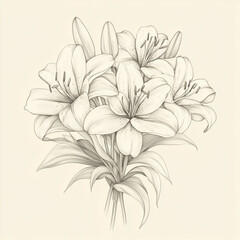 "Elegant Black and White Line Drawing of a Bouquet of Lilies in a Glass Vase, Showcasing Detailed Botanical Illustration with Graceful Flowers and Leaves"

