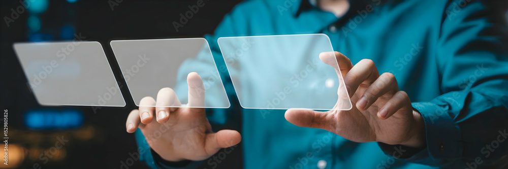 Aufkleber a person interacts with futuristic transparent interface screens showcasing innovative technology de
