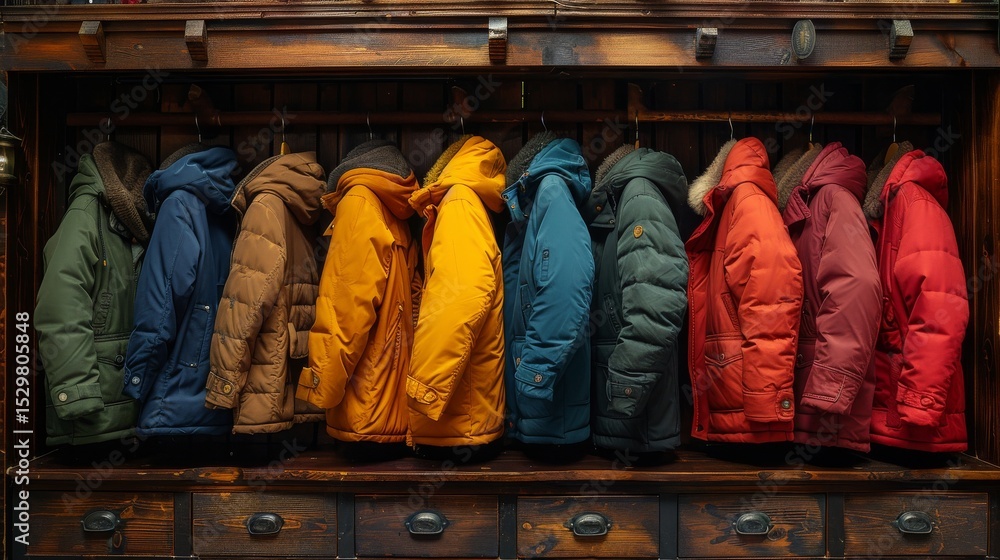 Poster this vibrant image displays an array of colorful puffer jackets neatly hanging on a rustic wooden ra
