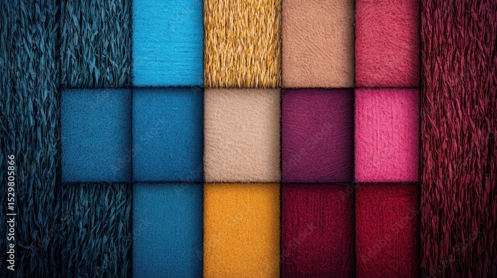 Poster this vibrant arrangement of various textiles showcases an assortment of colorful fabrics in a grid p