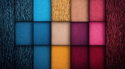 This vibrant arrangement of various textiles showcases an assortment of colorful fabrics in a grid pattern that highlights their unique textures and hues beautifully.