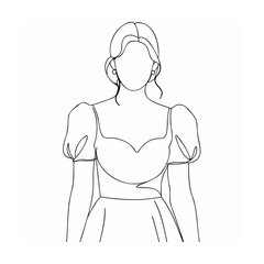 Elegant minimalist line art illustration of a woman in a stylish dress on white background