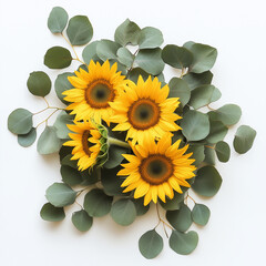 "Bright and Cheerful Arrangement of Three Sunflowers Surrounded by Fresh Green Eucalyptus Leaves on a White Background, Symbolizing Positivity and Natural Beauty"

