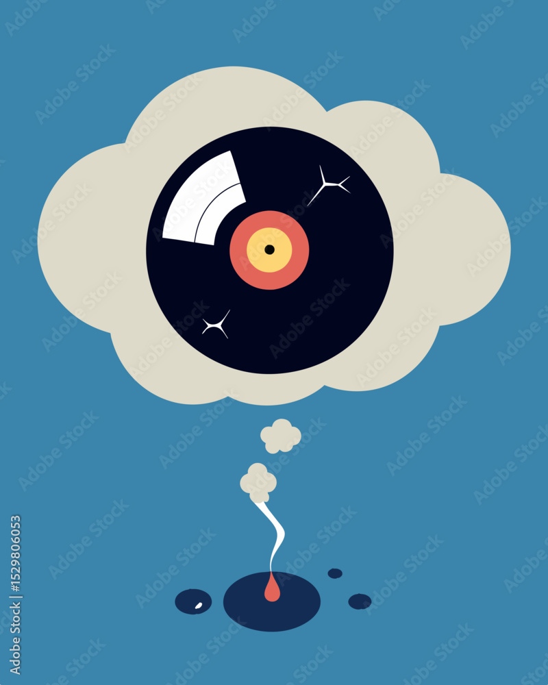 Poster a thought bubble with a cracked record playing the same negative thoughts on repeat.. vector illustr
