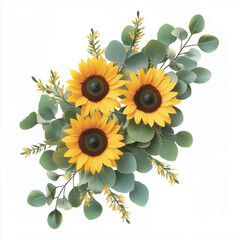 "Bright and Cheerful Arrangement of Three Sunflowers Surrounded by Fresh Green Eucalyptus Leaves on a White Background, Symbolizing Positivity and Natural Beauty"

