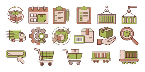 Vector set of buildings and shopping icons with trees and store symbols