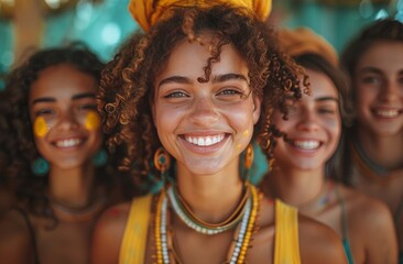 Fototapeta premium A vibrant group of young women showcases happiness through their bright smiles while adorned with colorful accessories, embodying youth and friendship in a lively outdoor setting.