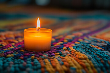 A warm candlelight glow on a vibrant woven rug.