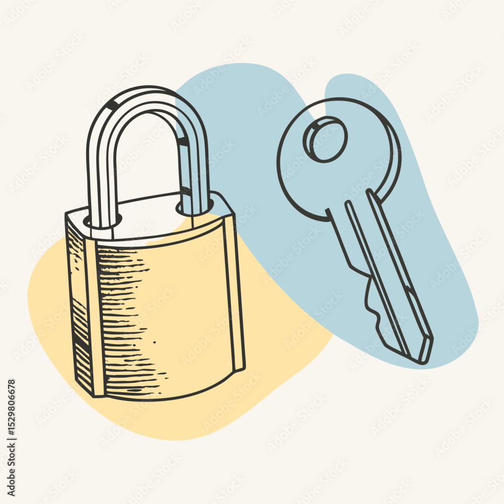 Poster illustration of a padlock and key with color background