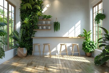 Fototapeta premium A stylish indoor space filled with lush greenery features a minimalist bar setup, emphasizing the fusion of nature and modern design in an inviting and serene environment.