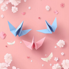 "Delicate Origami Birds in Blue and Pink Surrounded by Soft Paper Flowers and Butterflies on a Pastel Pink Background, Evoking Elegance and Serenity in Paper Art"

