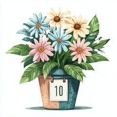 "Charming Floral Illustration of Multicolored Daisies in a Decorative Pot with a Hanging Calendar Marked '10', Symbolizing Nature, Beauty, and the Passage of Time"

