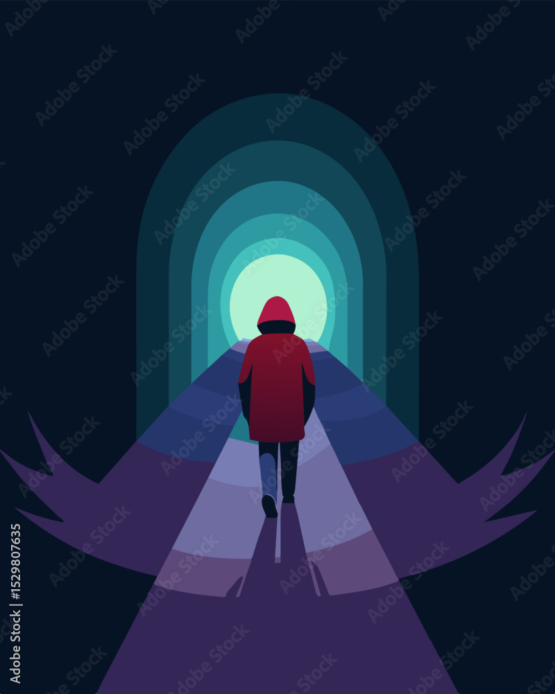 Poster being caught in a dark and endless tunnel unable to see the light at the end.. vector illustration