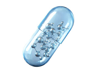Molecule inside transparent capsule 3d illustration isolated on transparent or white background, png