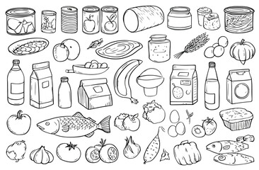 Hand-Drawn Supermarket Food Illustrations Grocery Collection of Canned Goods, Produce, and More