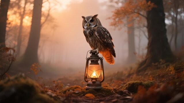 A majestic owl perches atop a glowing vintage lantern amidst a misty autumn forest, casting a warm light on the mossy ground, evoking a sense of mystery and enchantment.