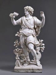 Statue of Dionysus, the god of joy and festivals, holding a wine cup and grapevine in both hands, with a backdrop of a lively dance and revelry, with carvings depicting him as the embodiment of celeb
