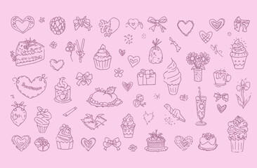 Fototapeta premium Whimsical Line Art Illustrations A Collection of Cute Desserts, Hearts, and Romantic Elements