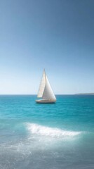Obraz premium Solitary Sailboat on a Calm Azure Sea Under a Bright Blue Sky