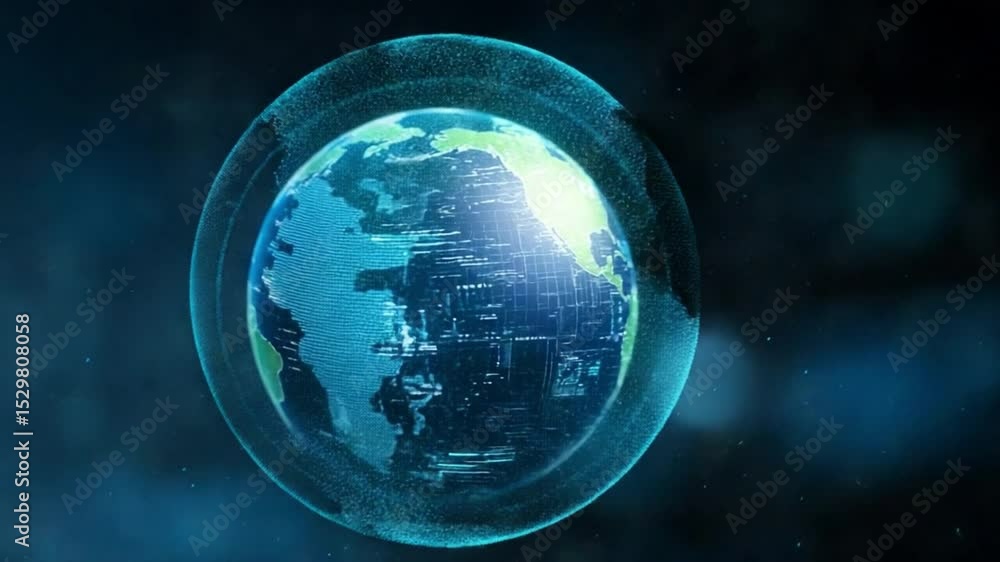 Poster Earth in a Digital Sphere: A mesmerizing digital rendering of the earth encased in a luminous sphere, symbolizing global connectivity and technological advancement.