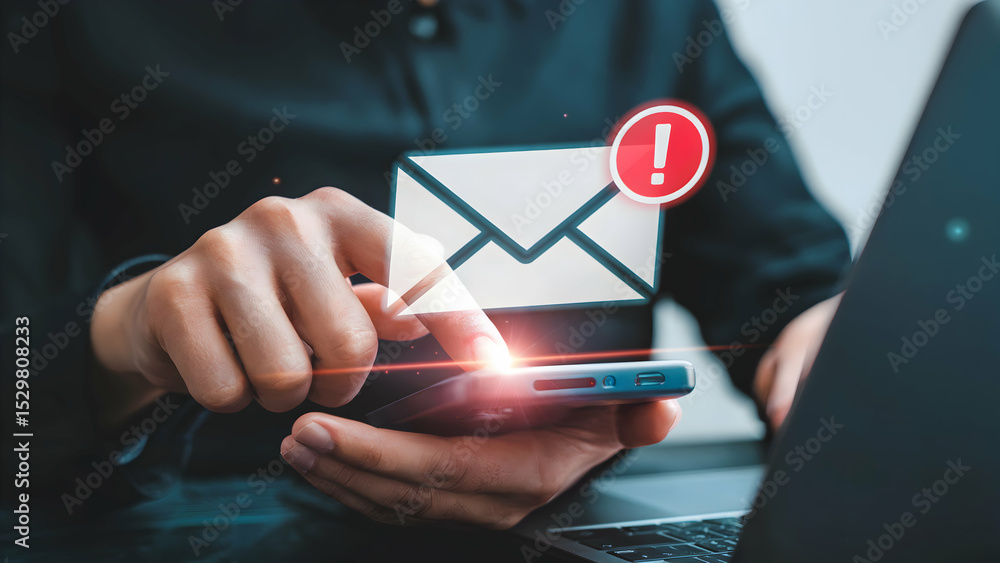 Aufkleber urgent email notification alert on smartphone screen person using mobile device for online communica