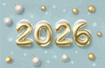 Golden 2026 New Year Banner Design with Snow and Ornaments