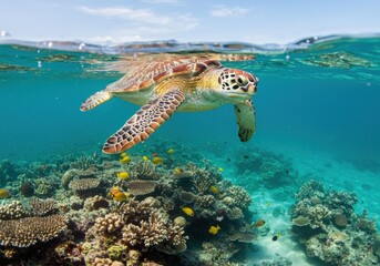 A turtle slowly moves across the sand under natural light. Wildlife close-up of a hard-shelled reptile in its natural habitat.