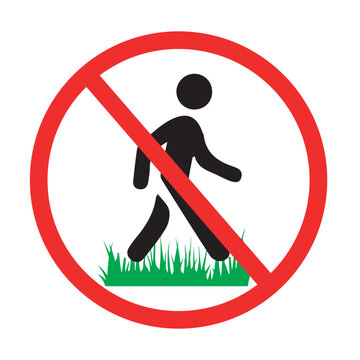 prohibition sign indicating no walking on grass with person in red circle, safety and nature warning symbol