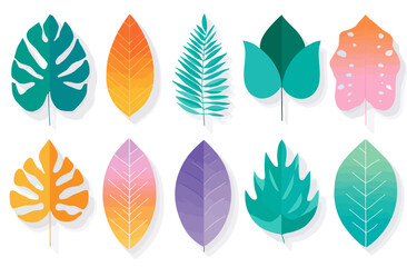 Vibrant Tropical Leaves Design Elements Flat Vector Illustrations