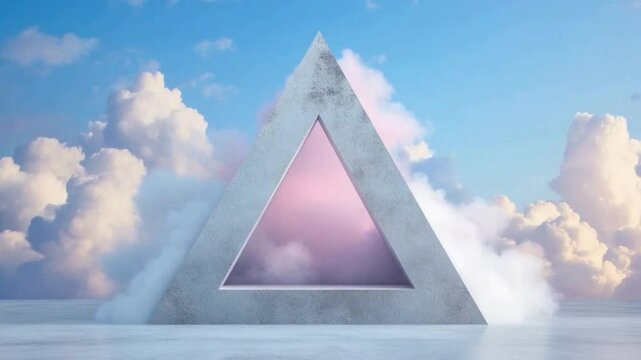 Geometric Serenity: A minimalist triangular structure poised amidst a serene cloudscape, reflecting a sense of balance and harmony, a stunning representation of abstract design.